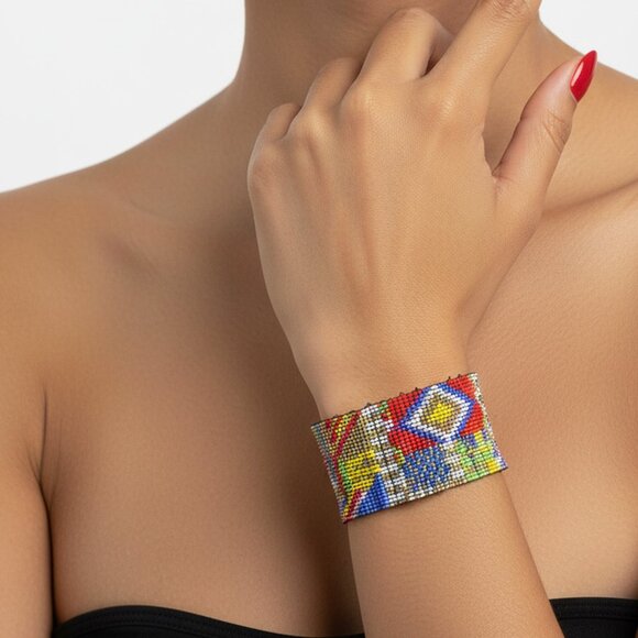 Huichol Seed Bead Cuff Bracelet Folk Art Ethnic Boho Handmade Colourful Stretch - Picture 1 of 10